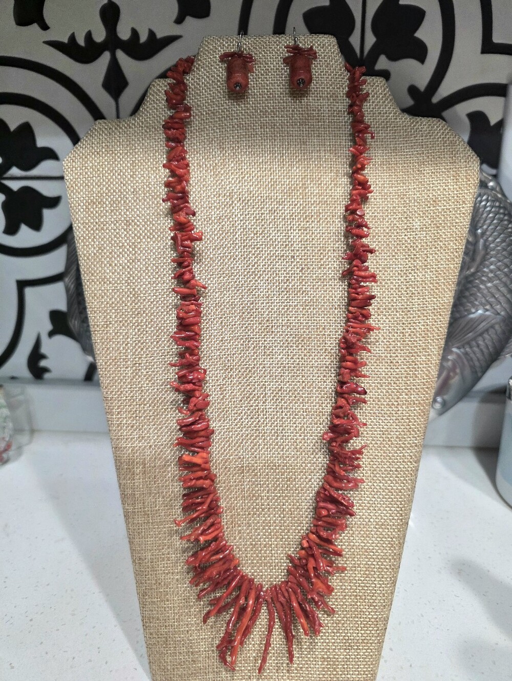 Navajo AAA Grade Mediterrean Branch Coral Necklace & Earring Set 26" Untreated
